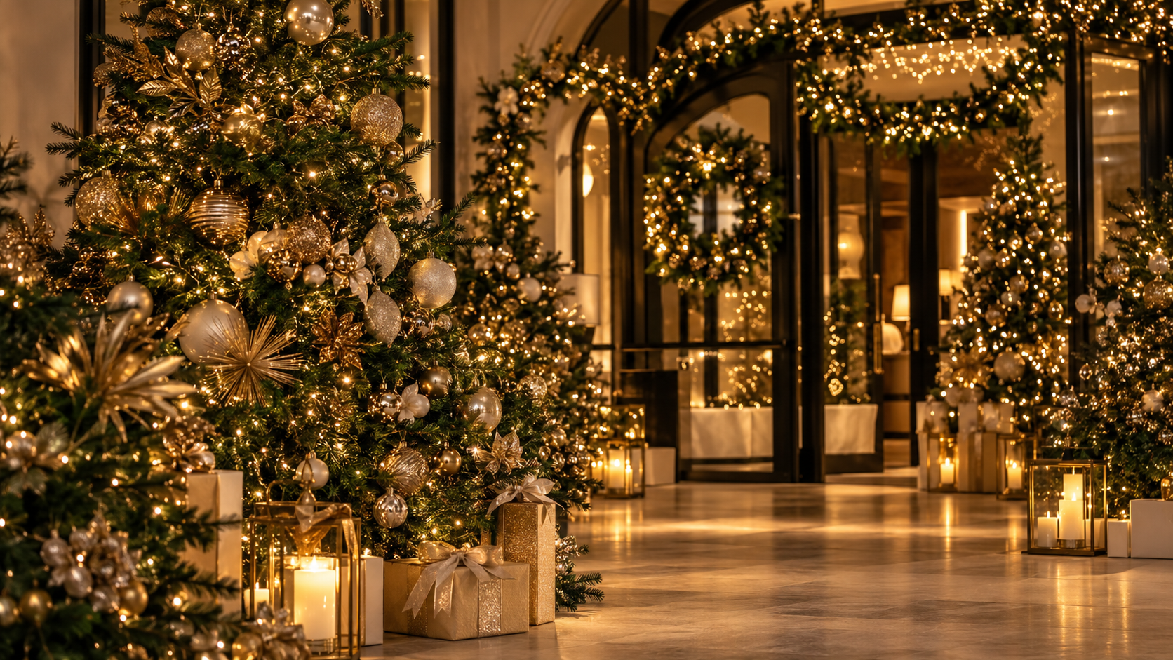 Elegant Christmas trees illuminated with warm festive lights and champagne-gold ornaments.
